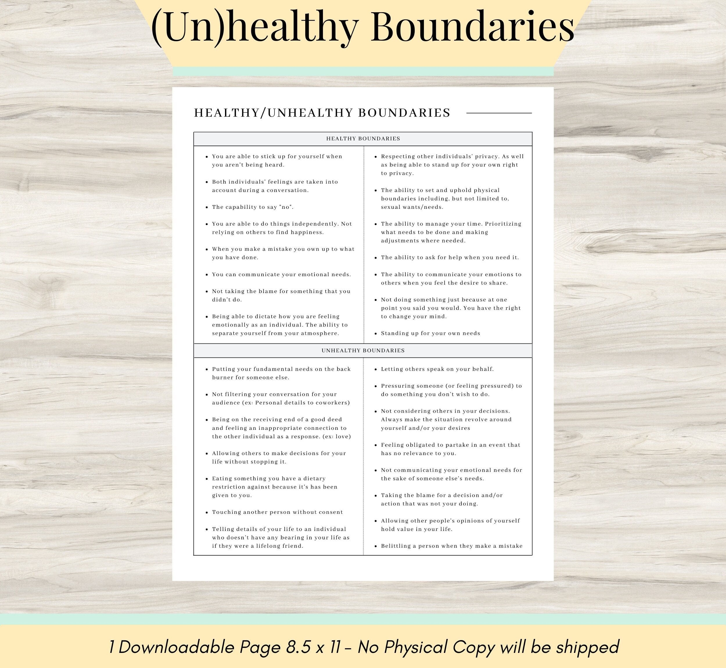 Healthy unhealthy Boundaries Worksheet Personal Boundaries Relational Health Boundaries Workbook Therapy Journal Mental Health PDF Etsy