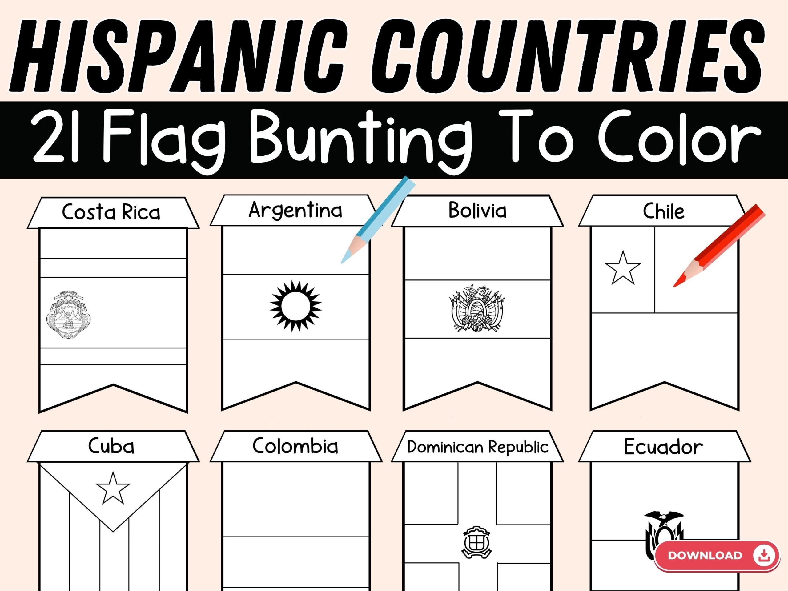 Hispanic Country Flags Coloring Pages Hispanic Heritage Month Flag Bunting To Color Spanish Speaking Countries Banner Coloring Activity Etsy