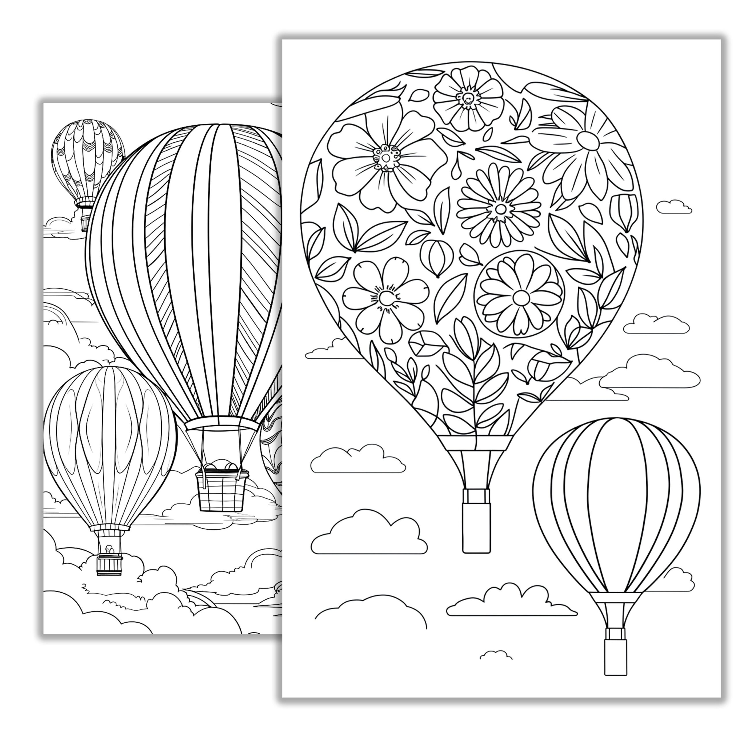 Hot Air Balloon Coloring Pages Printable Whimsical Designs For Kids Adults Relaxing Line Art With Sky Travel And Adventure Themes Etsy