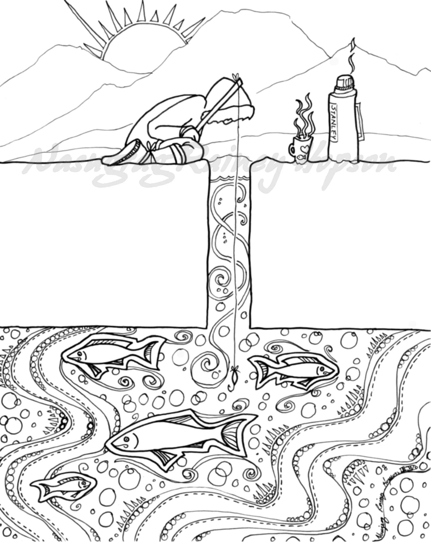 Ice Fishing Alaska Native Hand Drawn Coloring Page Etsy