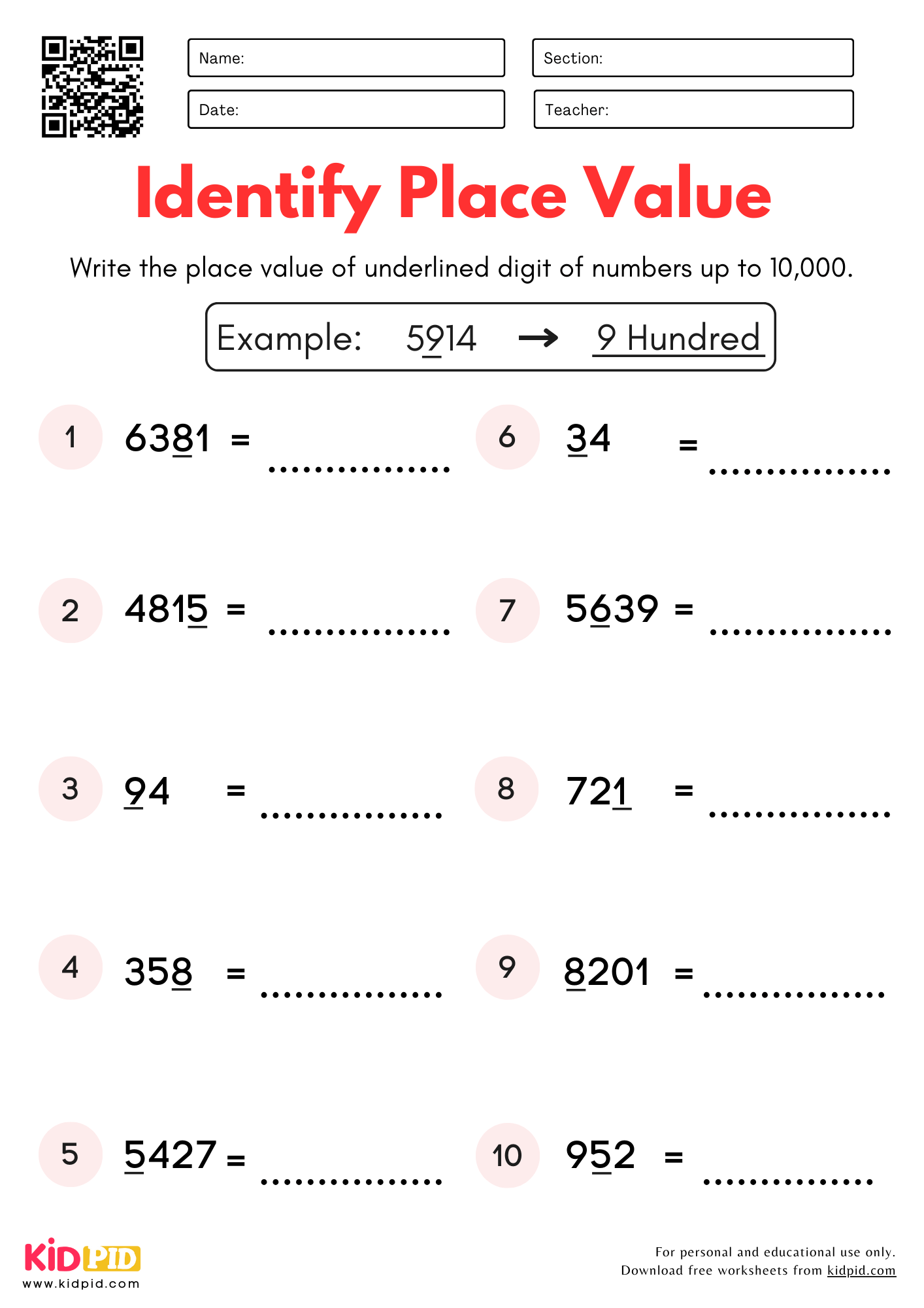 value place value worksheets