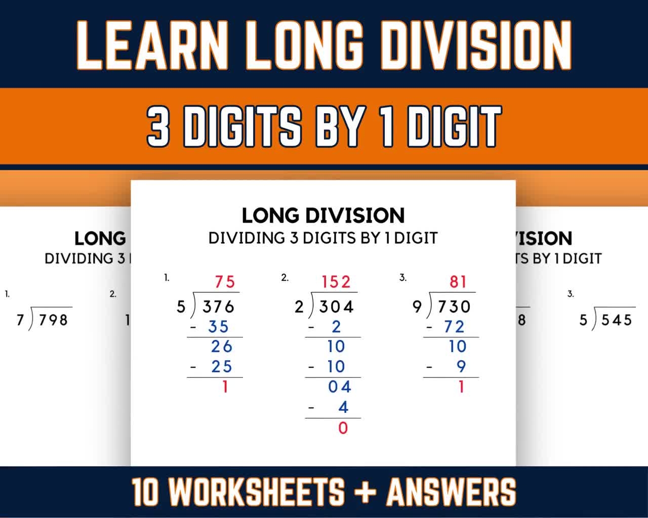 Long Division Practice Worksheets With Answers 5th Grade Math Dividing 3 Digit By 1 Digit Numbers Printable PDF Download Etsy