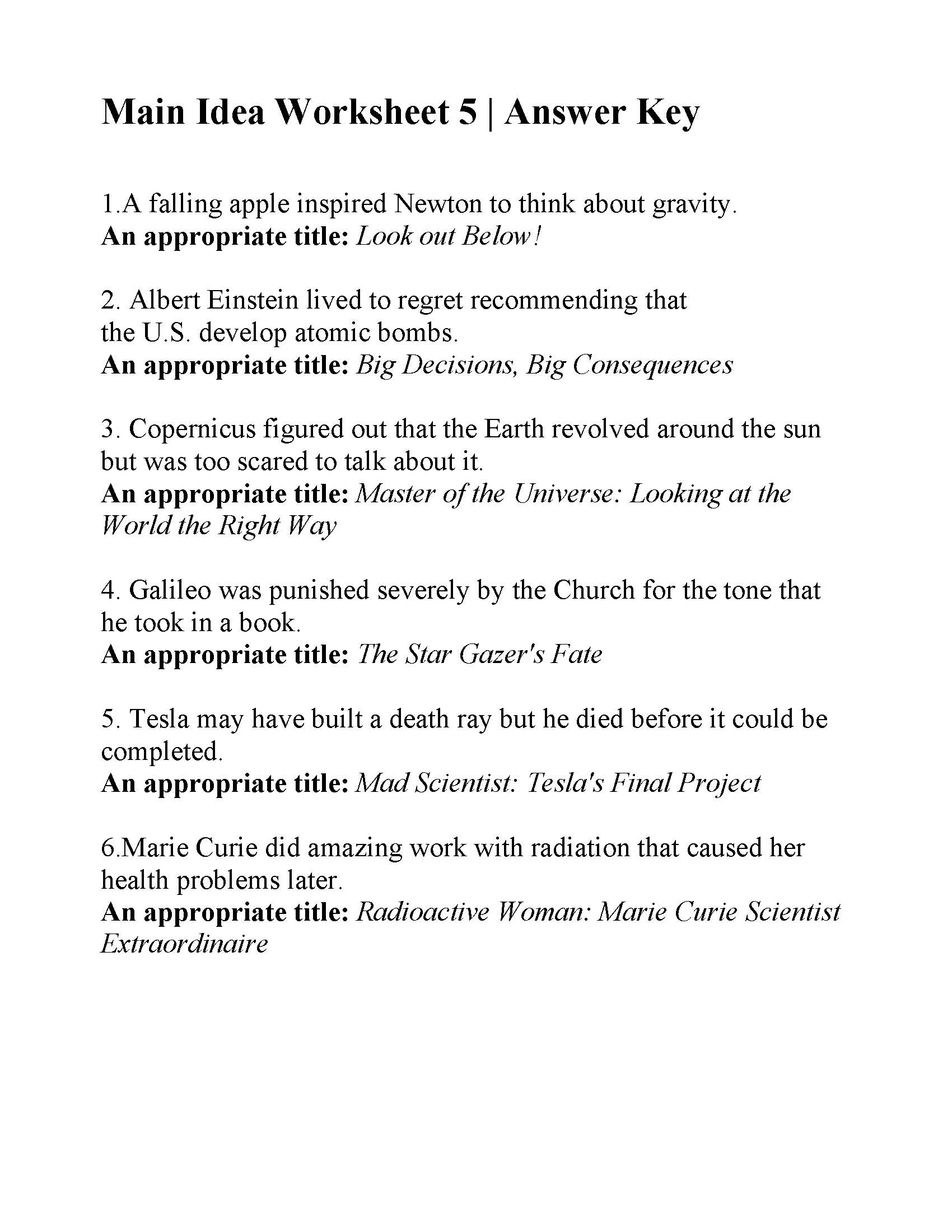 main idea worksheets