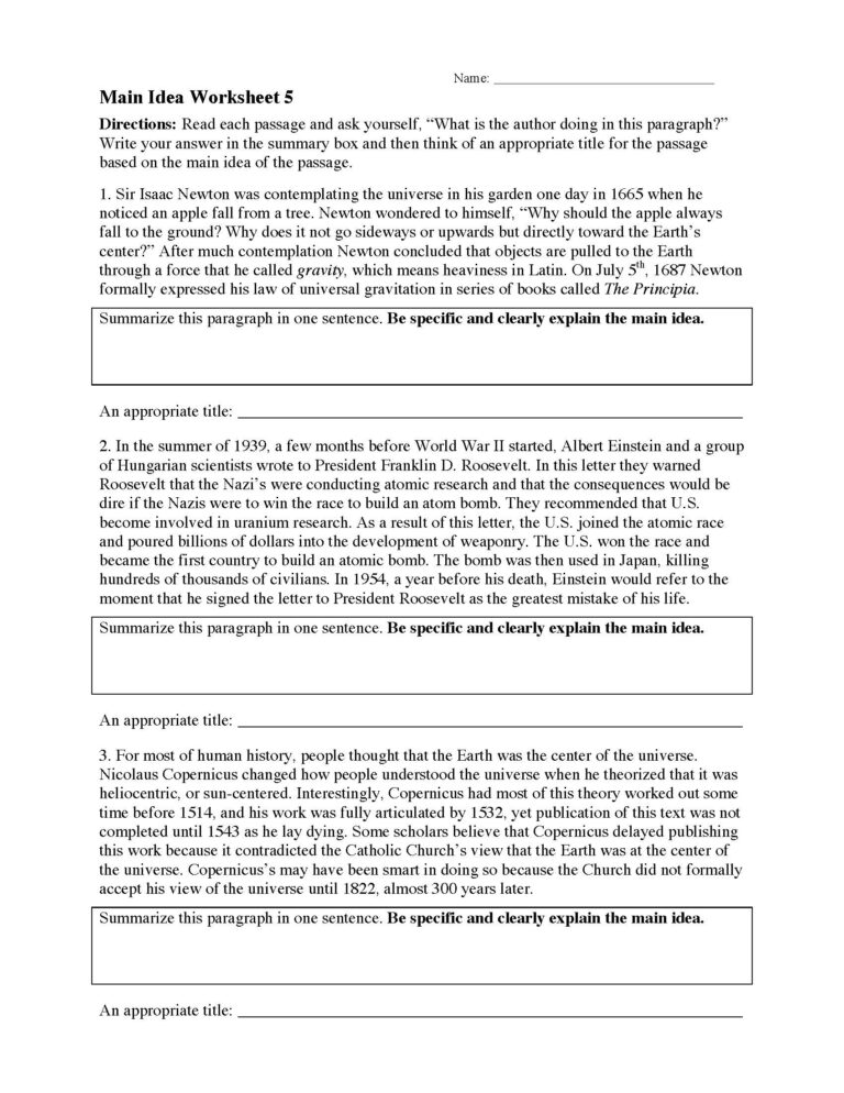 Main Idea Worksheet 5 Reading Activity