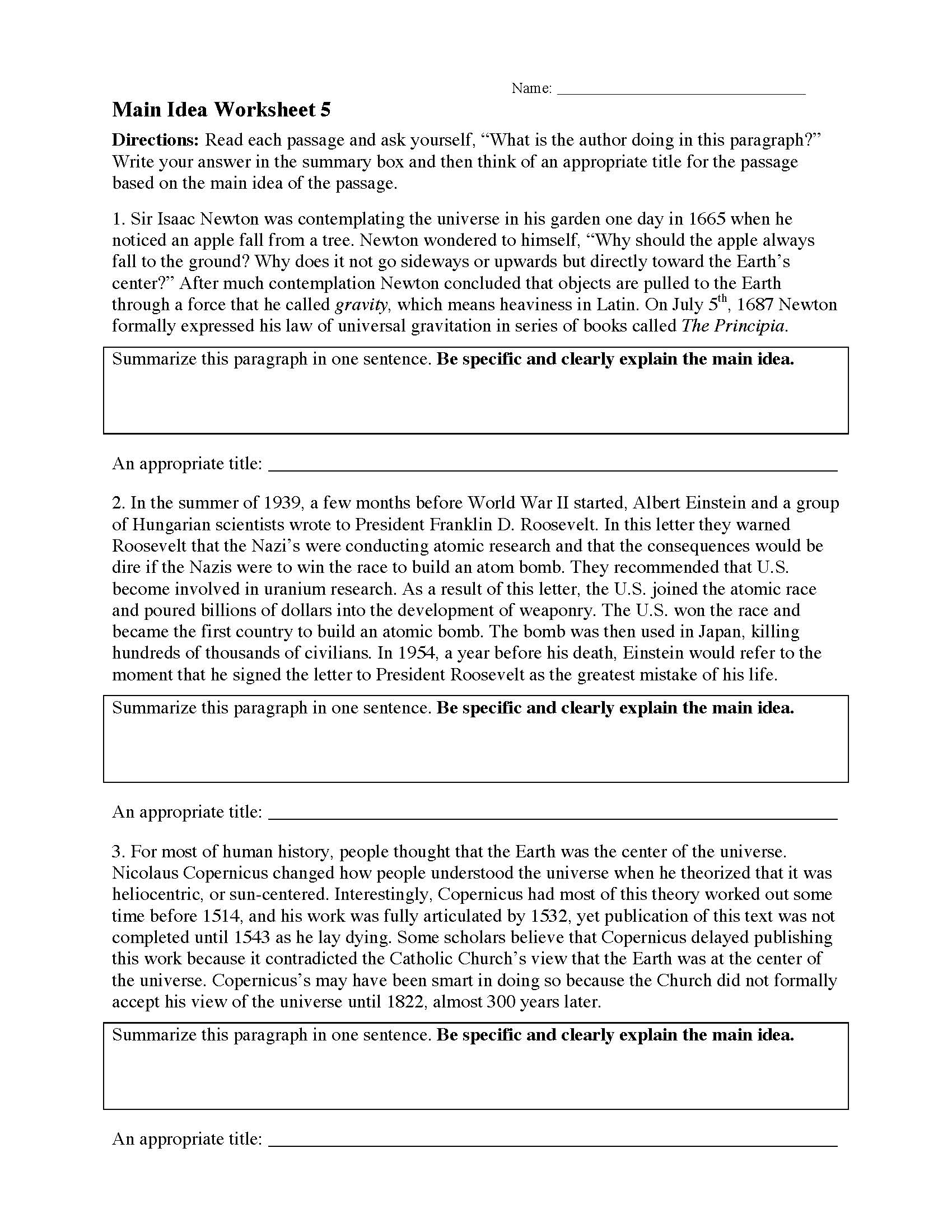 Main Idea Worksheet 5 Reading Activity