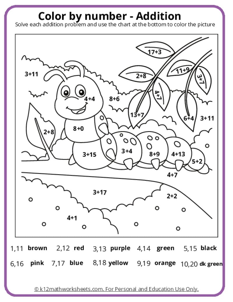 color and add math printable summer
