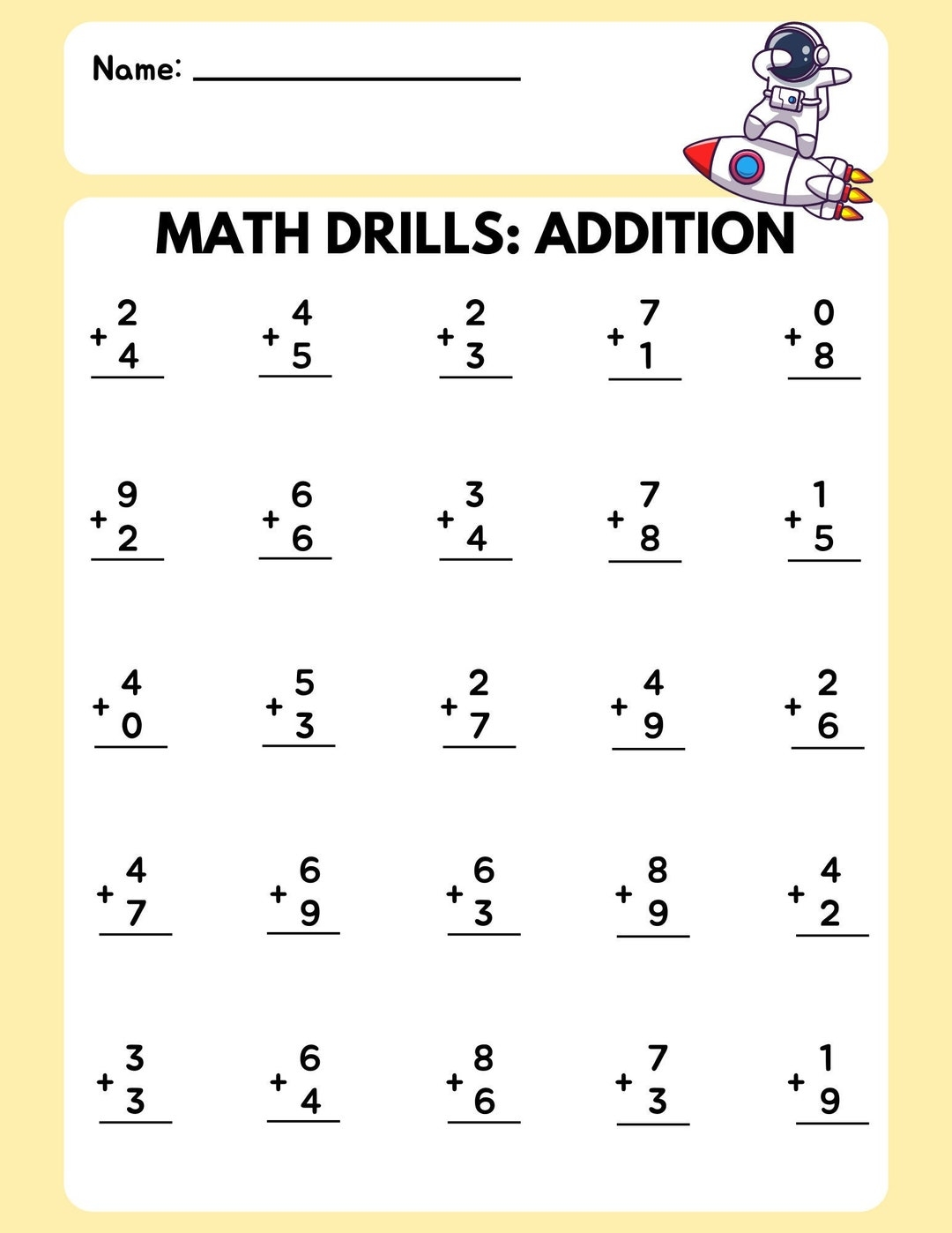 Math Drill Addition Worksheet 1 Etsy Israel