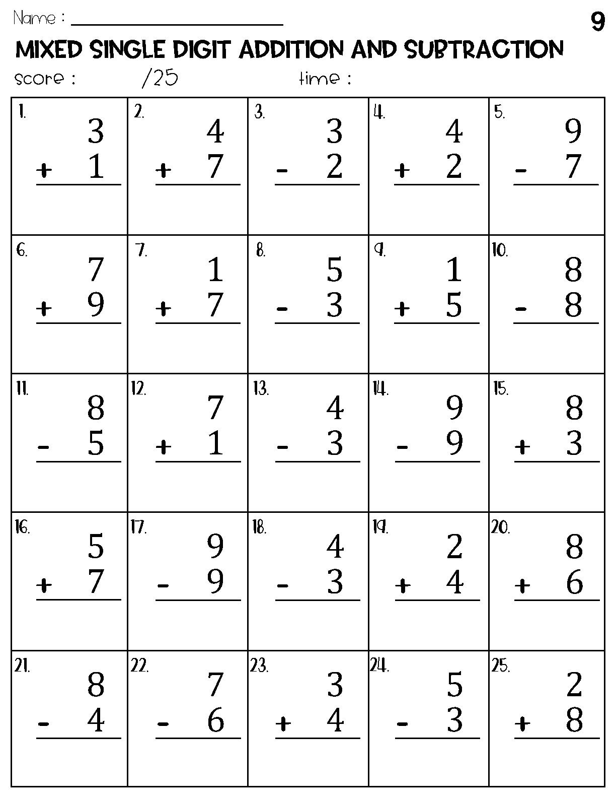 Mixed Single Digit Addition And Subtraction Worksheets Etsy