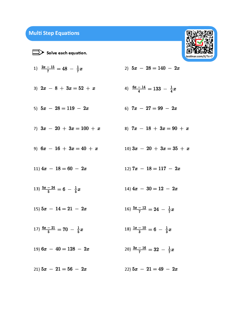 Multi Step Equations Worksheets