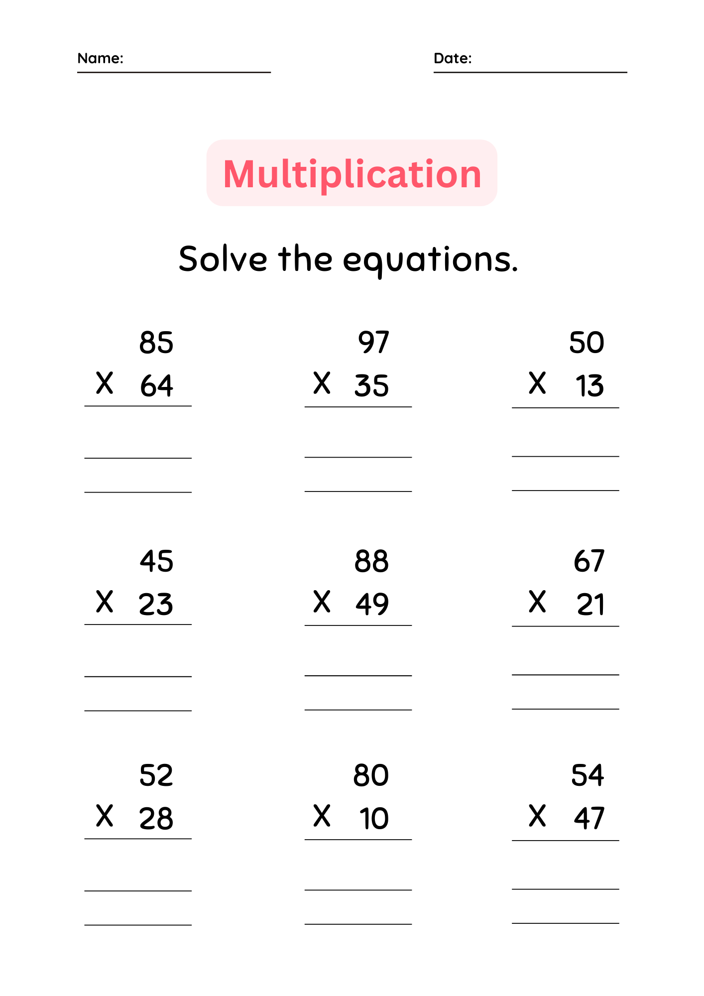 multiplying facts worksheet