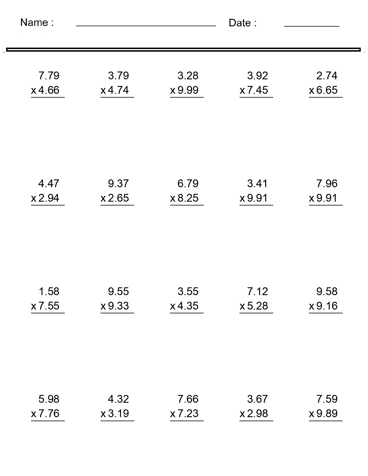 multiplying decimals worksheets