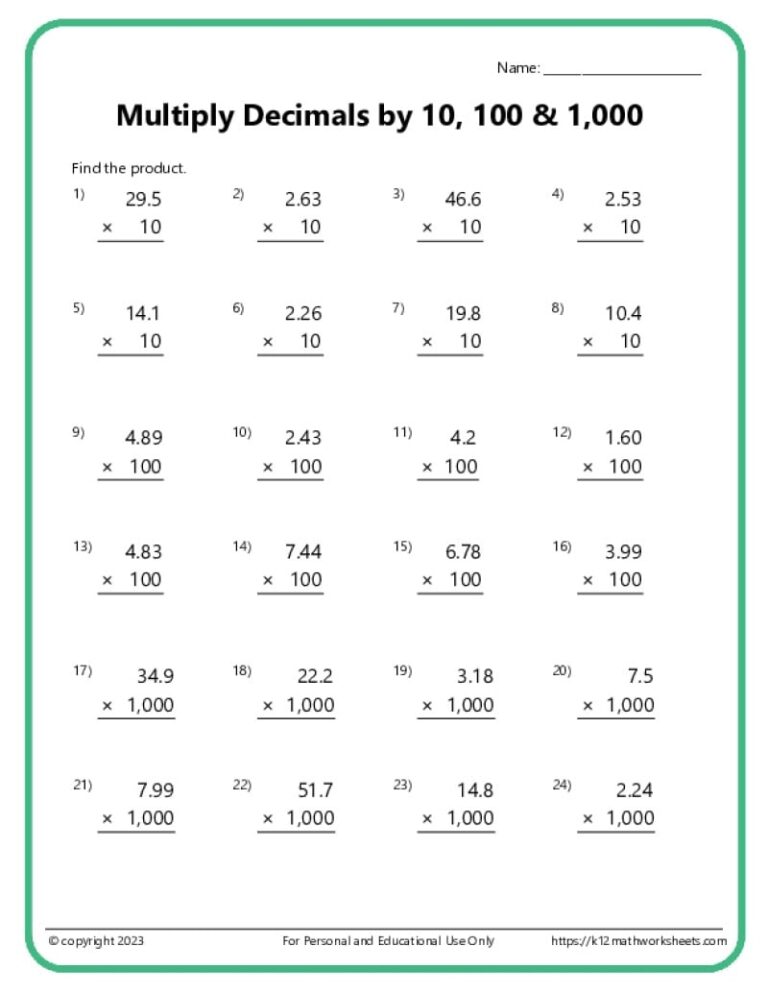 Multiplying Decimals Worksheets