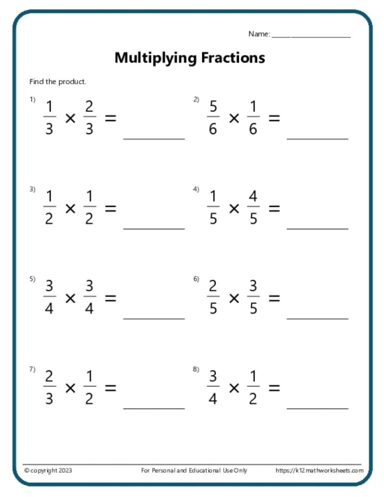 Multiplying Fractions Worksheets