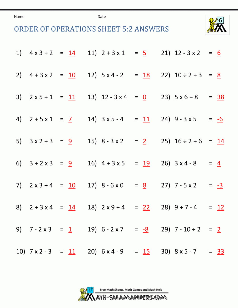 order of operations math worksheets