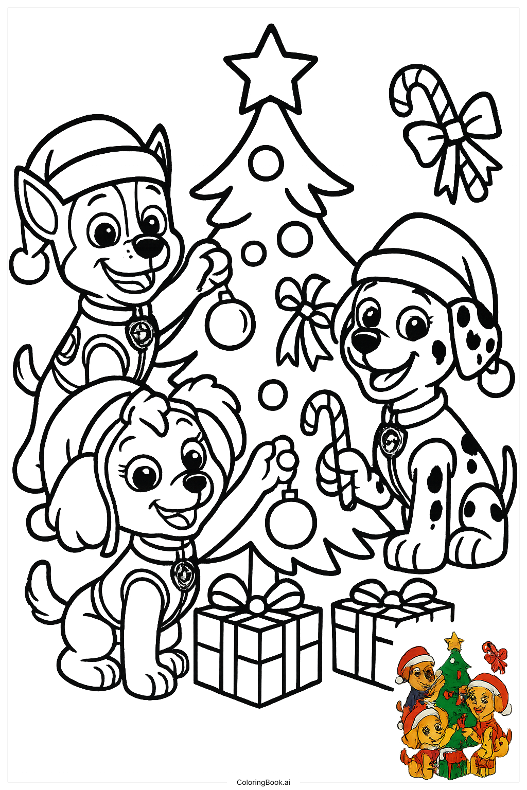 Paw Patrol Christmas Tree Decorating Coloring Page Free PDF PNG Printable 