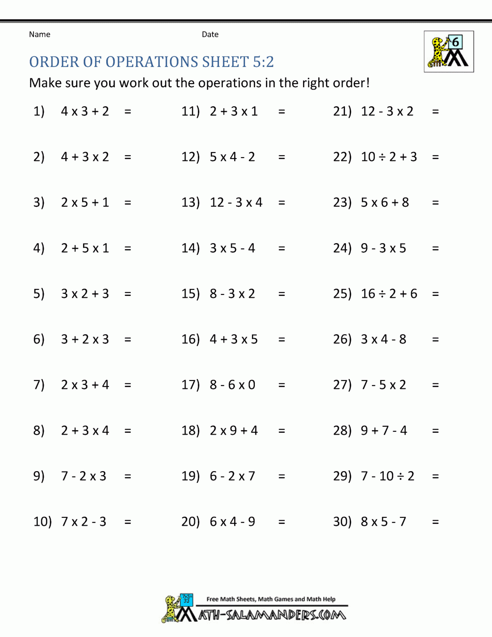order of operations worksheets