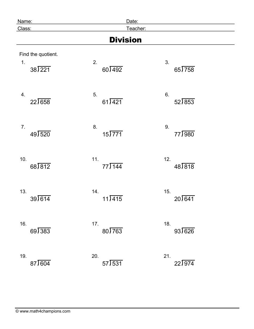 Printable Division Worksheets For Teachers Math Champions