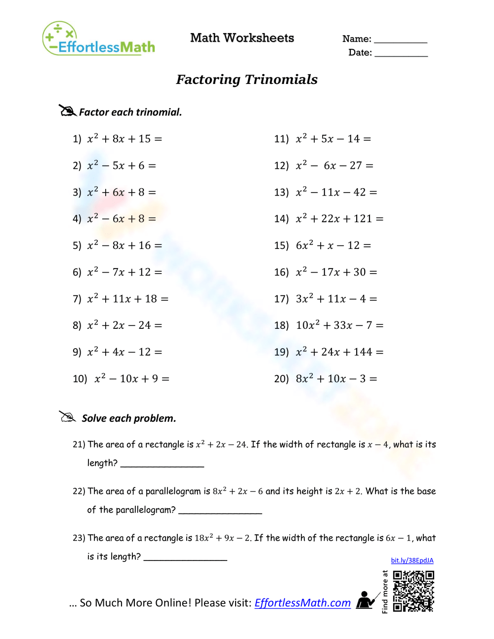 factoring trinomials worksheet factoring trinomials worksheet