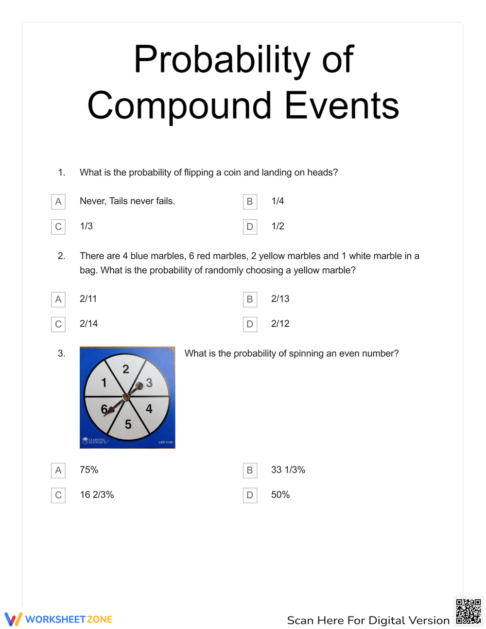 Printable Grade 7 Probability Of Compound Events Worksheets