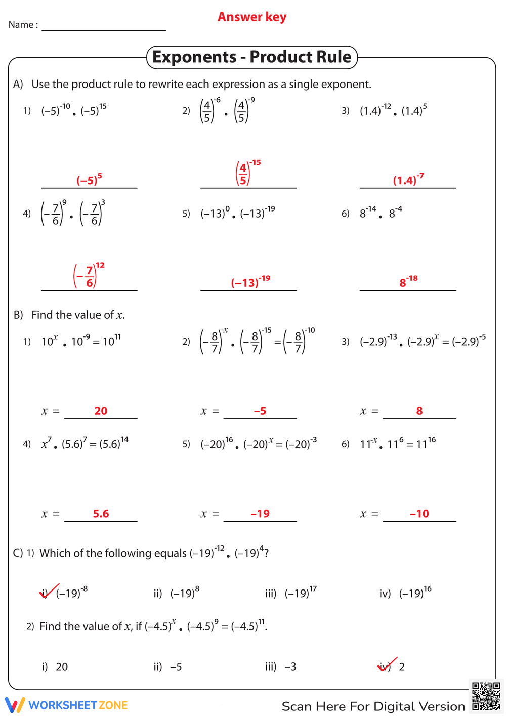 Printable Grade 9 Exponent Rules Review Worksheets