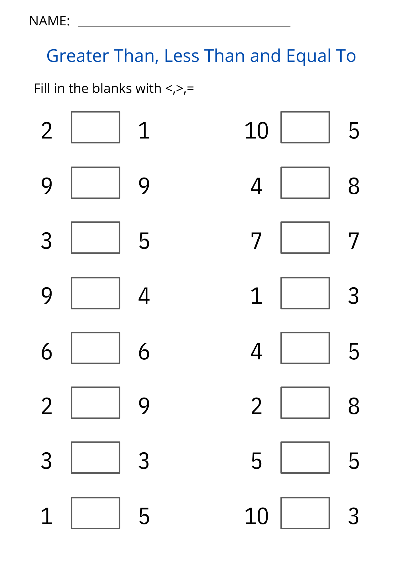 Printable Greater Than Less Than And Equal To Worksheet For Grade 1 2 3 Made By Teachers