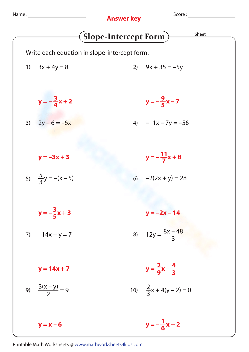 Printable Slope Intercept Form Worksheets Download
