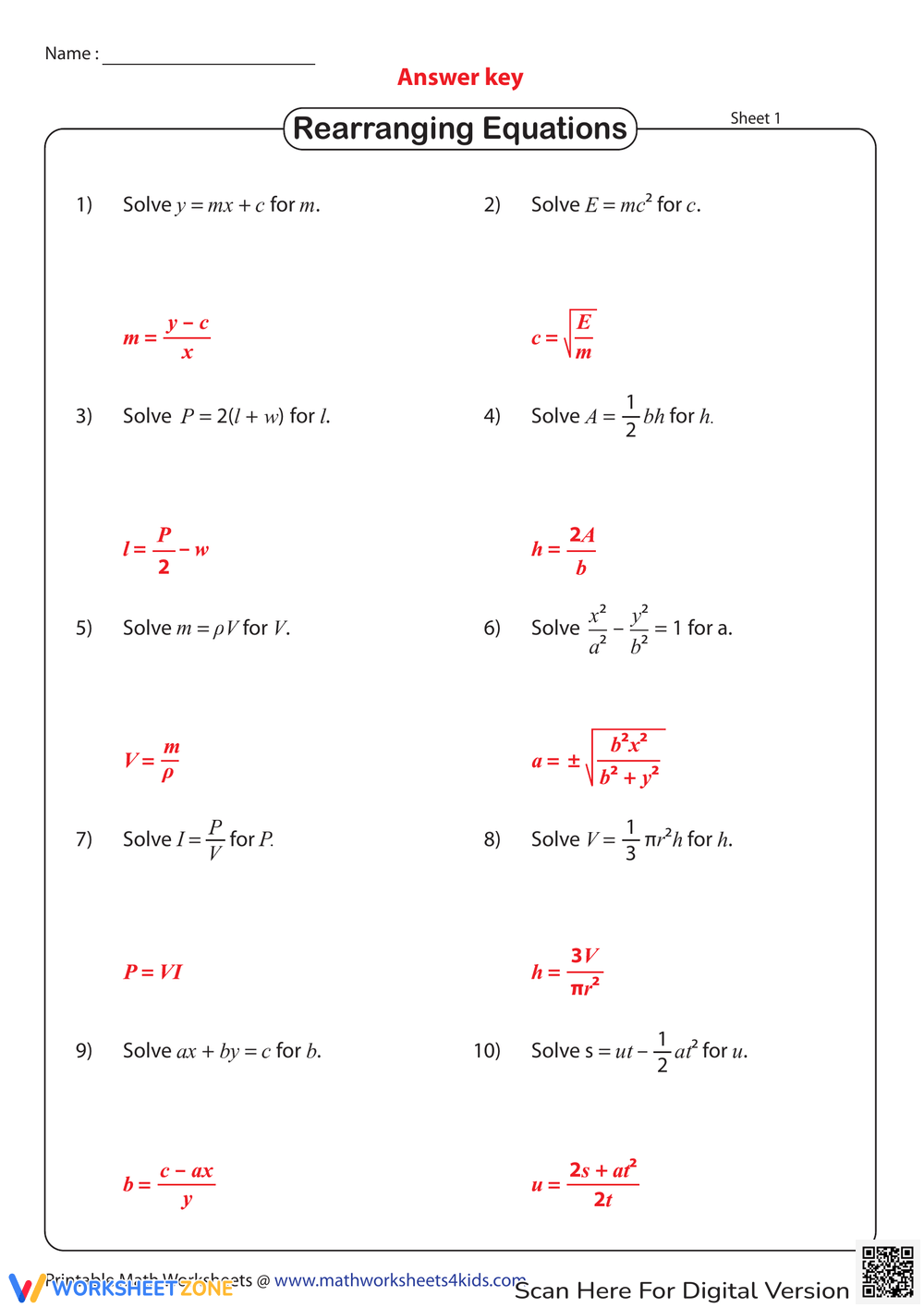 Printable Solving Literal Equations Worksheets