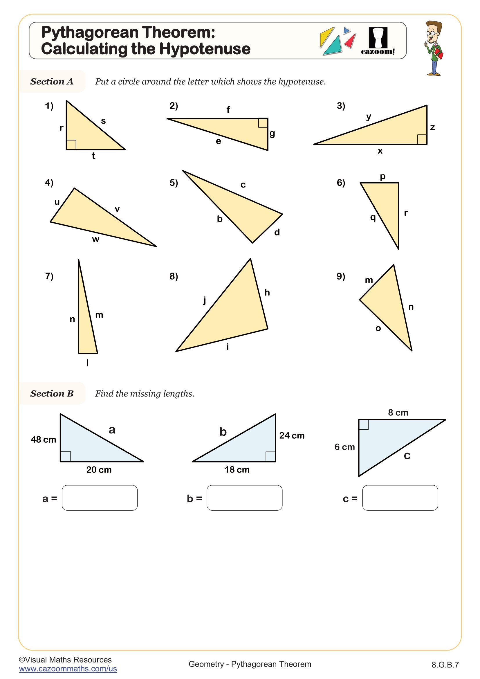 Pythagorean Theorem Calculating The Hypotenuse Worksheet PDF Printable Geometry Worksheet Cazoom Math