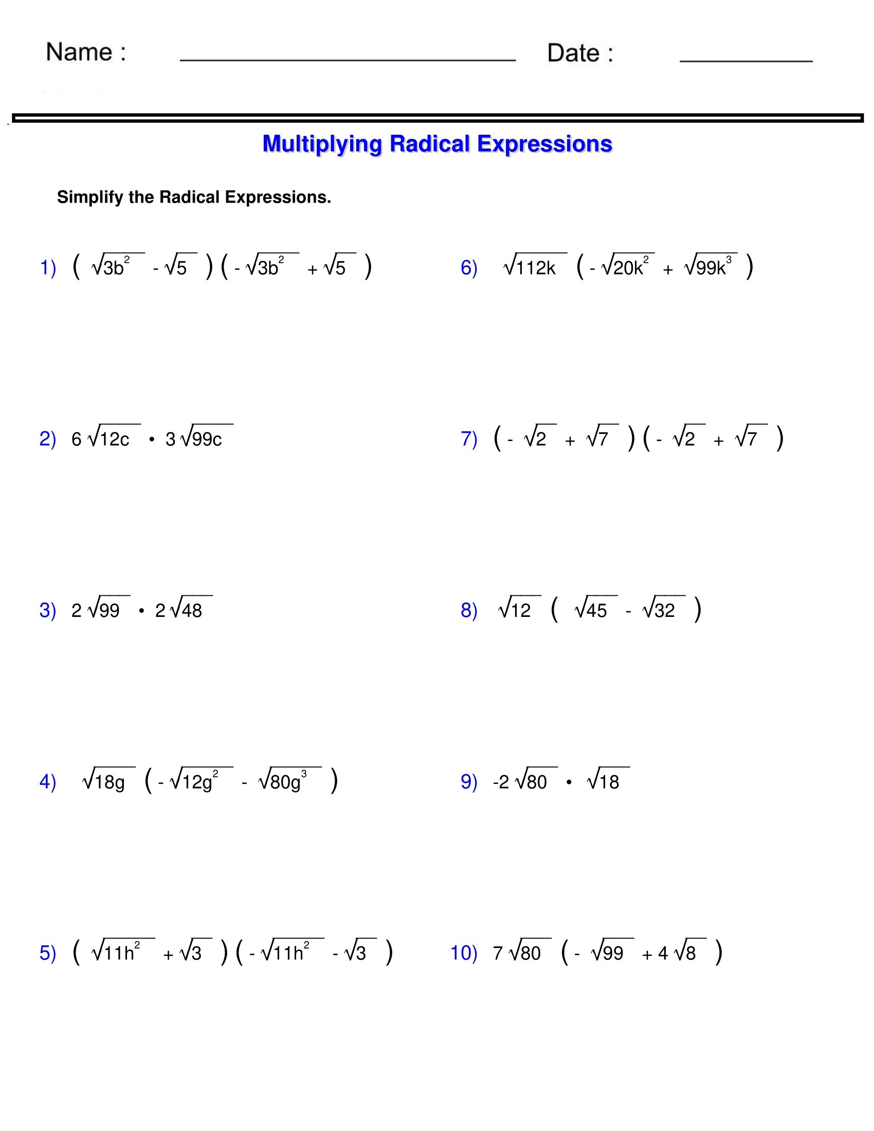 Radicals Worksheets Multiplying Radical Expressions Worksheets Made By Teachers