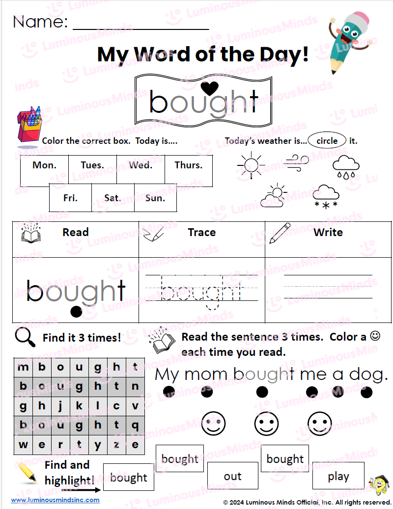Reading Comprehension Worksheets Bought Brought Thought Heart Word Sight Word Mini Set