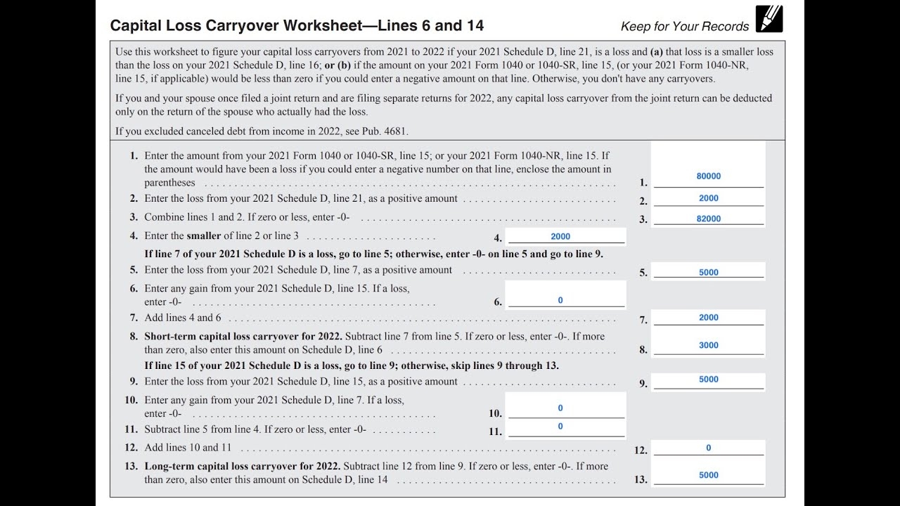 Schedule D Capital Loss Carryover Worksheet Walkthrough Lines 6 14 YouTube