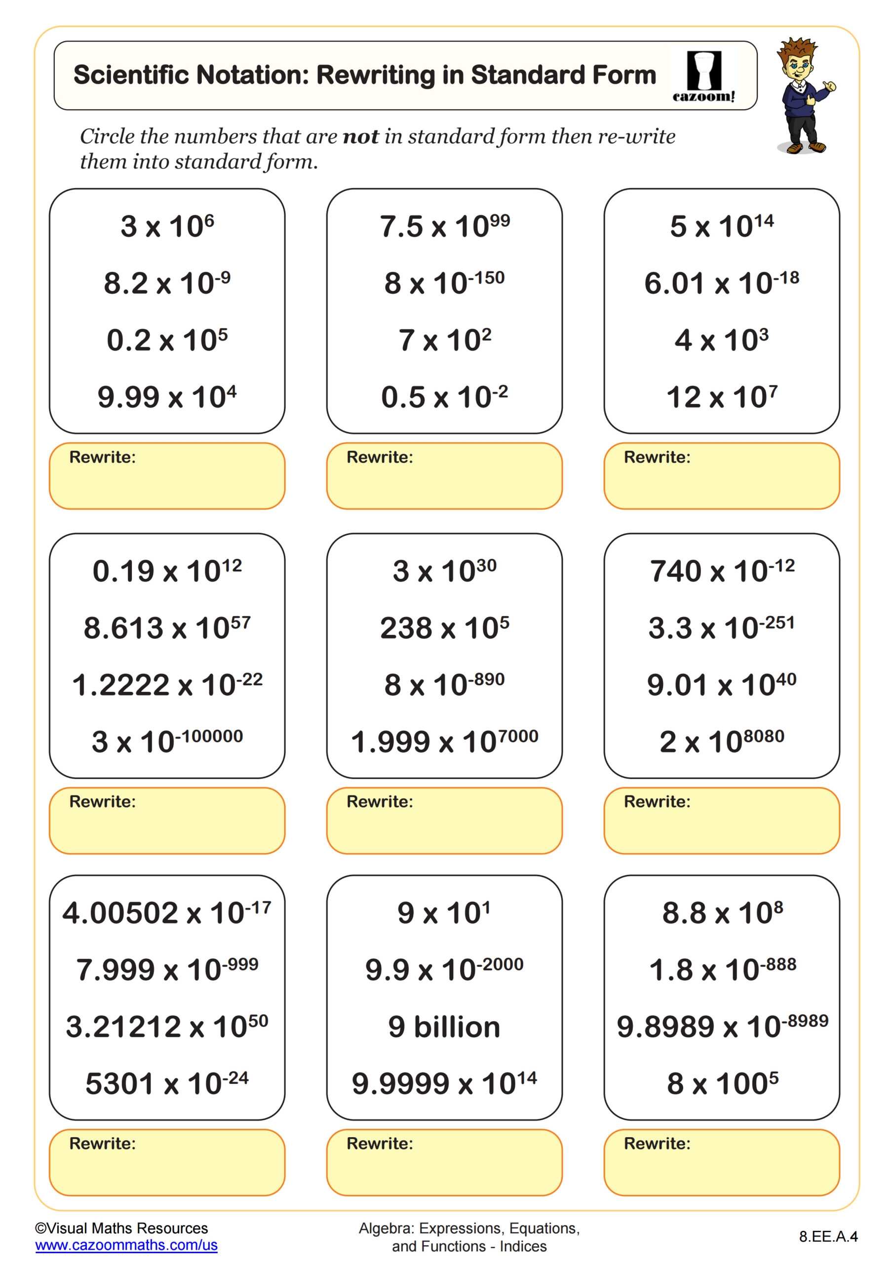 Scientific Notation Rewriting In Standard Form Worksheet PDF Printable Algebra Worksheet Cazoom Math
