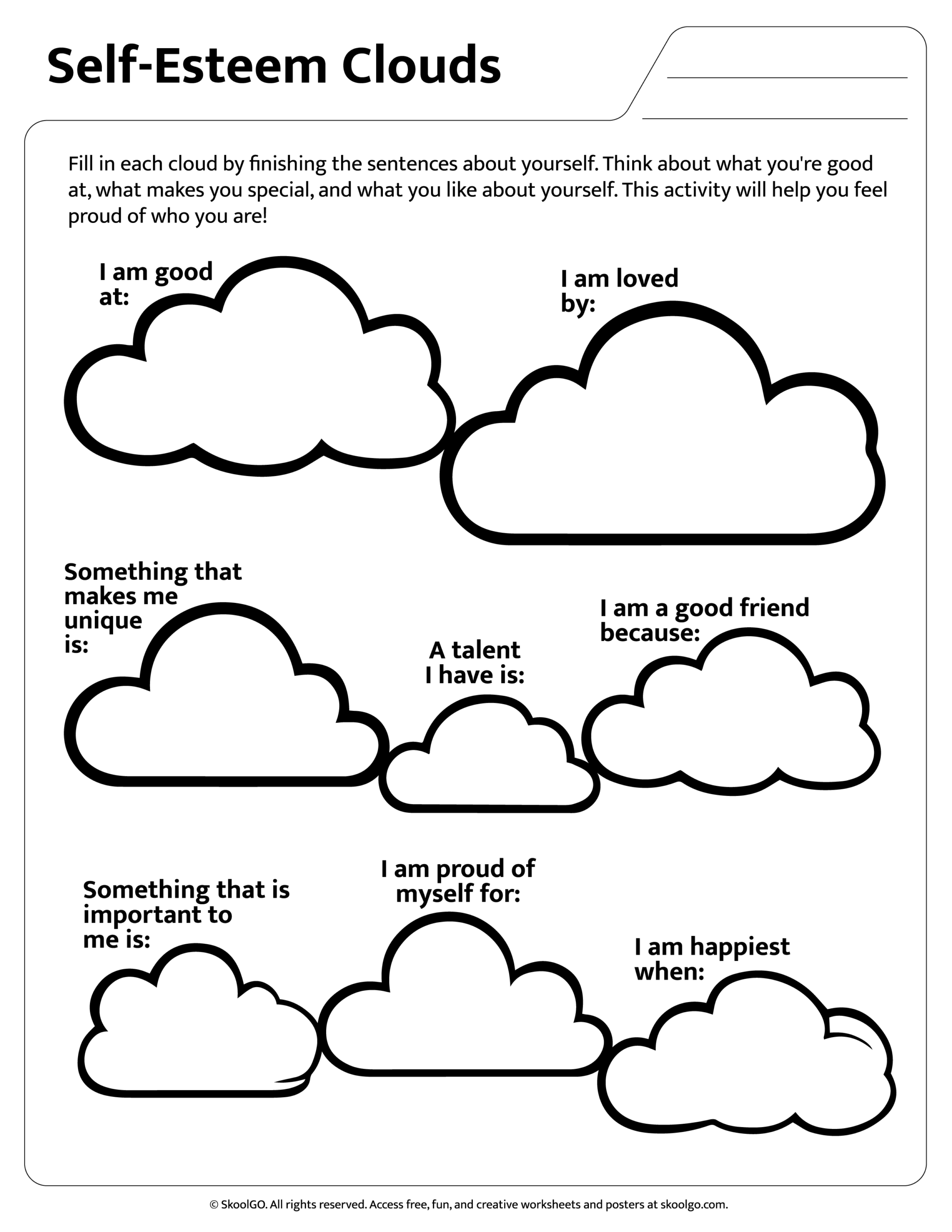 Self Esteem Clouds Free Printable For Grades 1 3 SKOOLGO