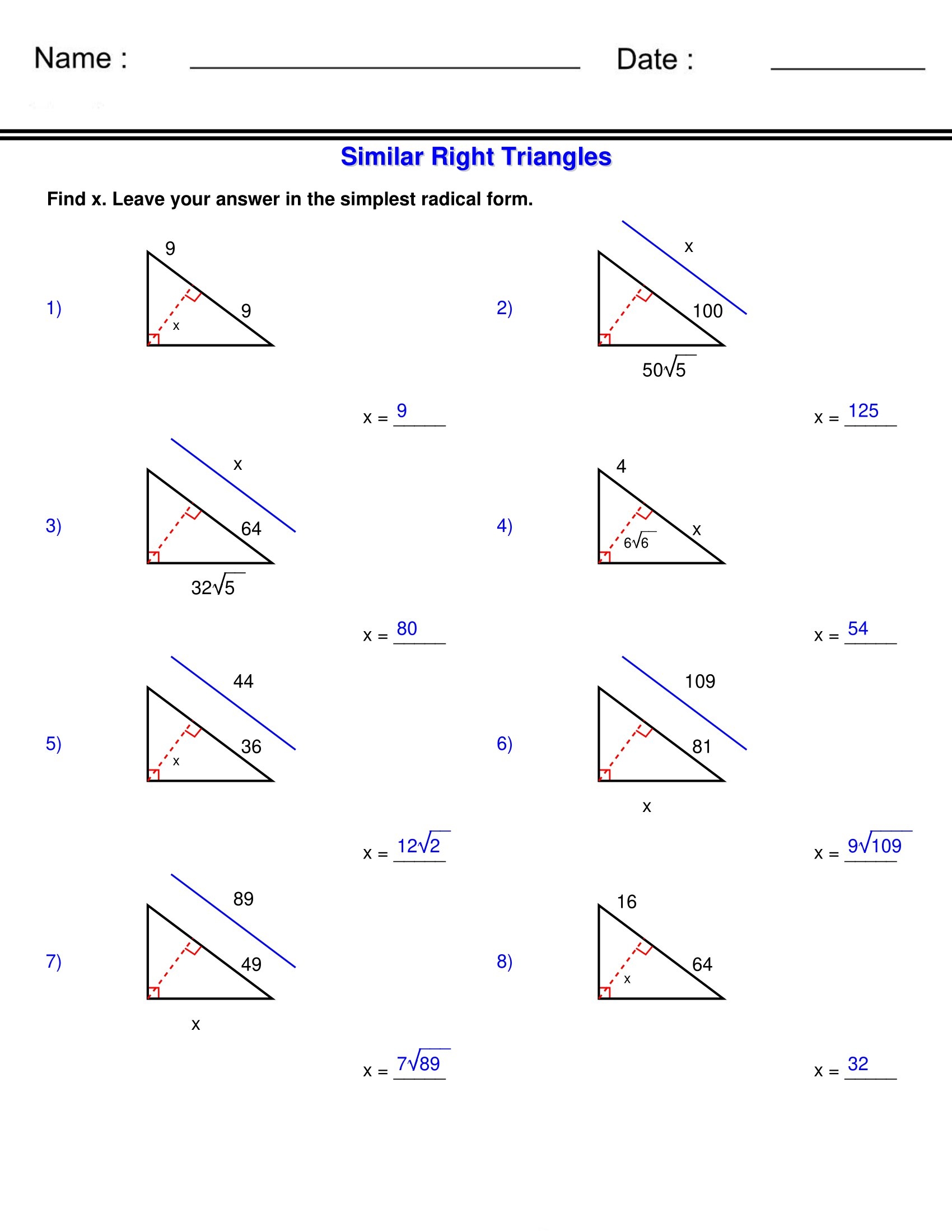 similar triangles worksheet