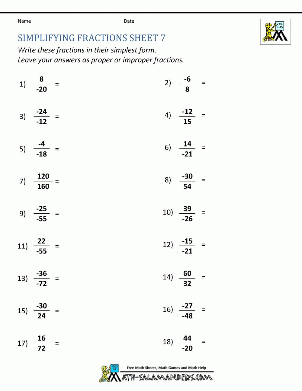 Simplifying Fractions Worksheet