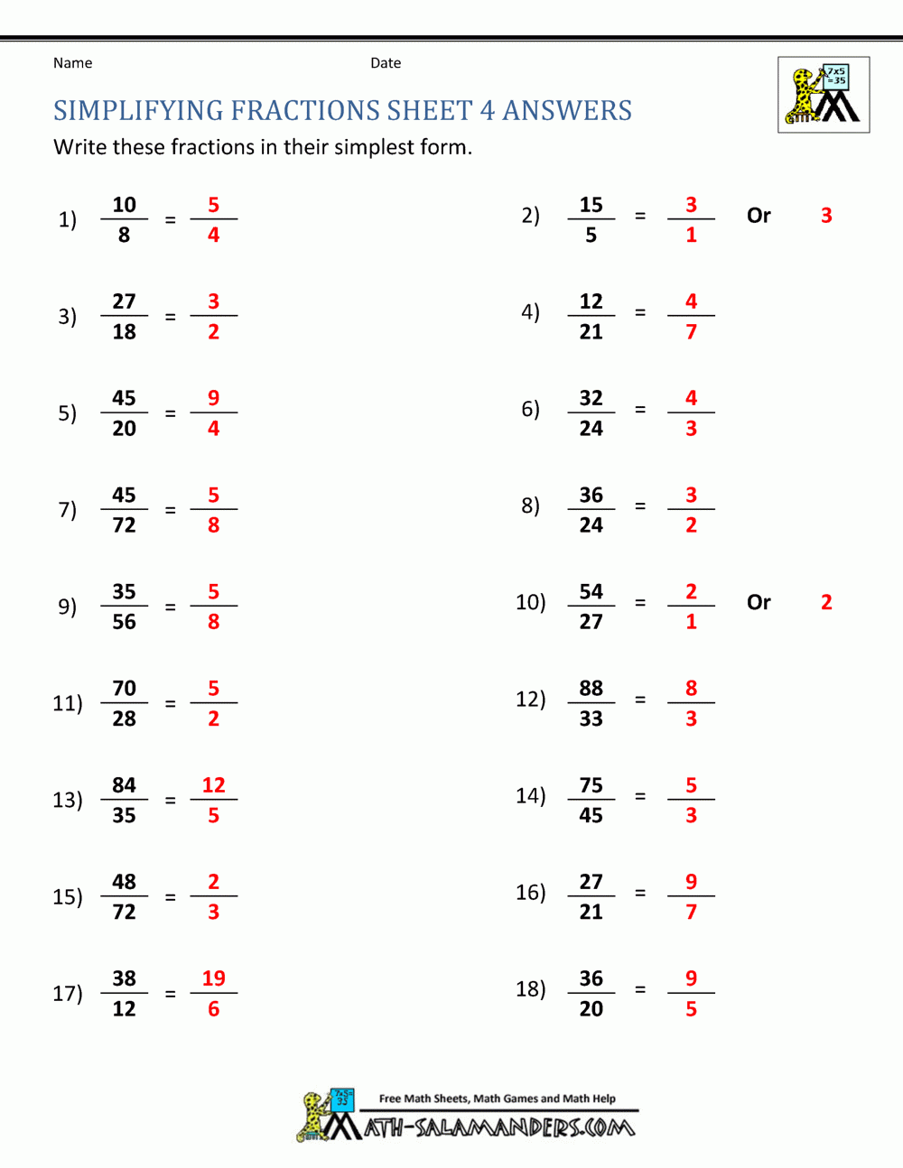Simplifying Fractions Worksheet Simplifying Fractions Worksheet