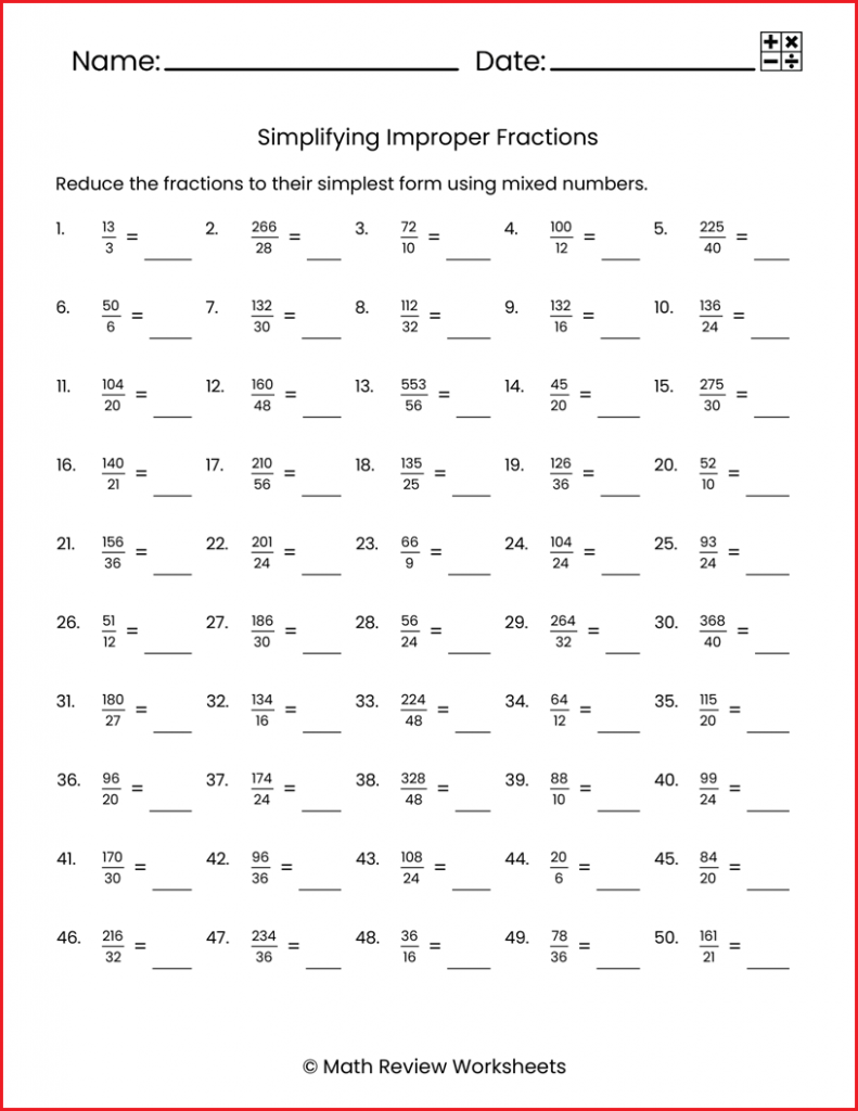 Simplifying Improper Fractions Easy Math Review Worksheets Simplifying Improper Fractions Easy Math Review Worksheets