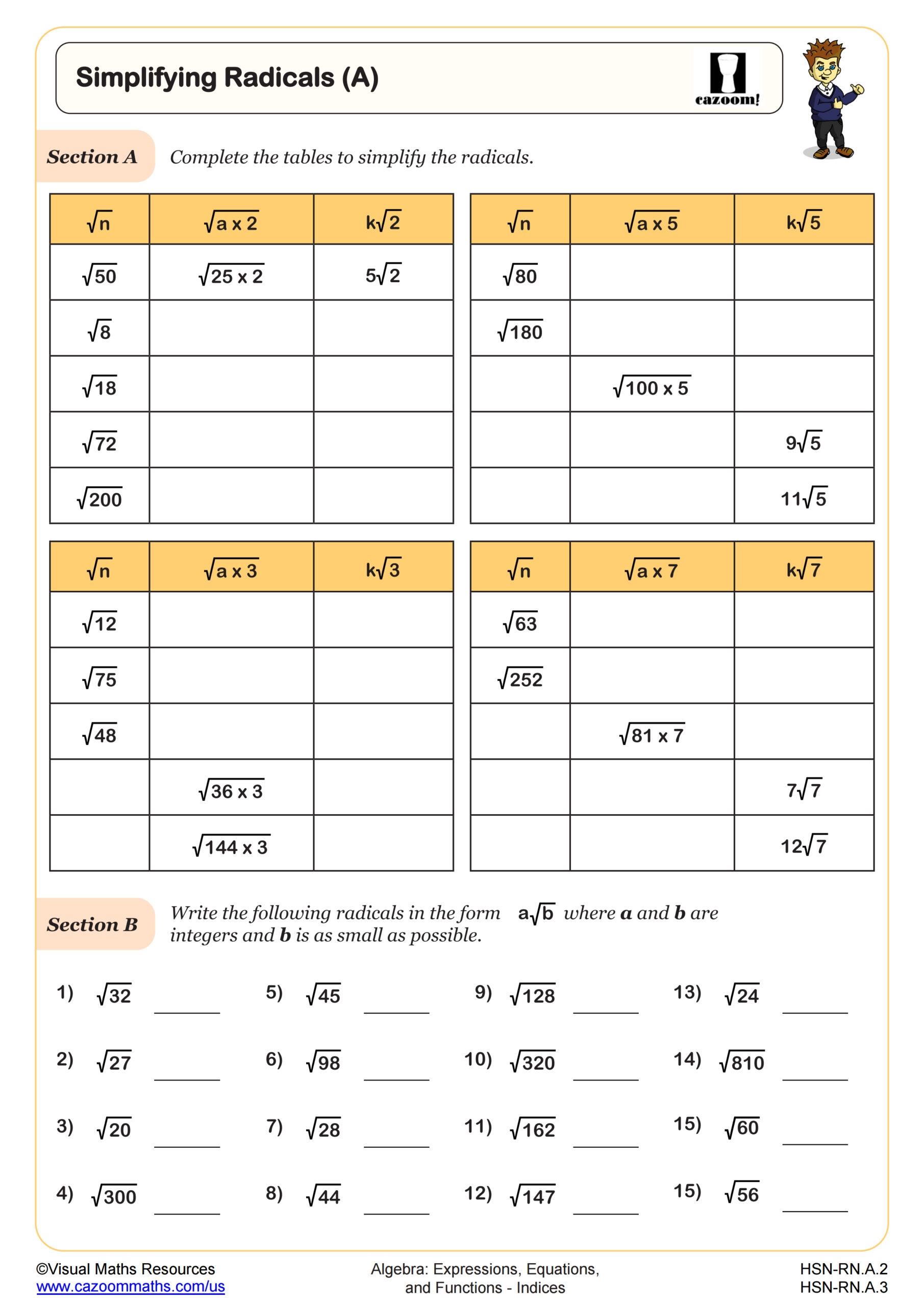 Simplifying Radicals By Rationalizing Worksheet PDF Printable Algebra Worksheet Cazoom Math