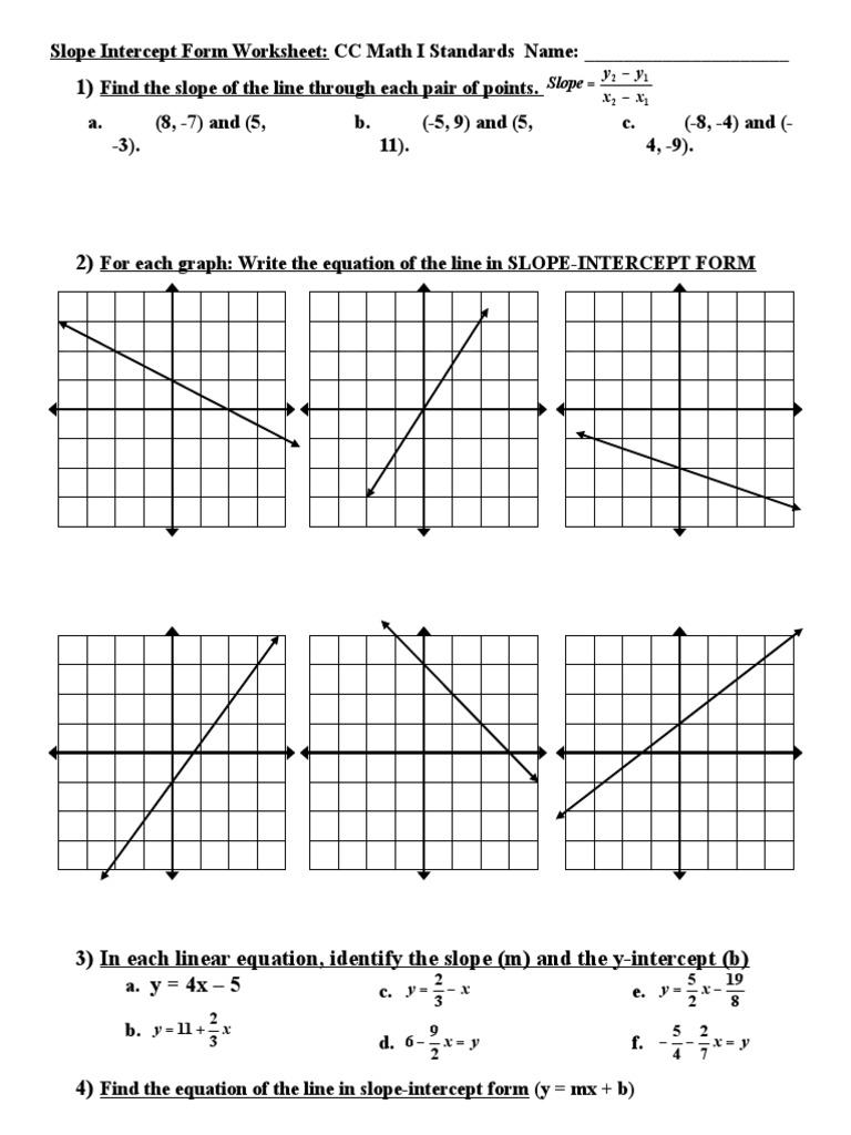 slope intercept form worksheet