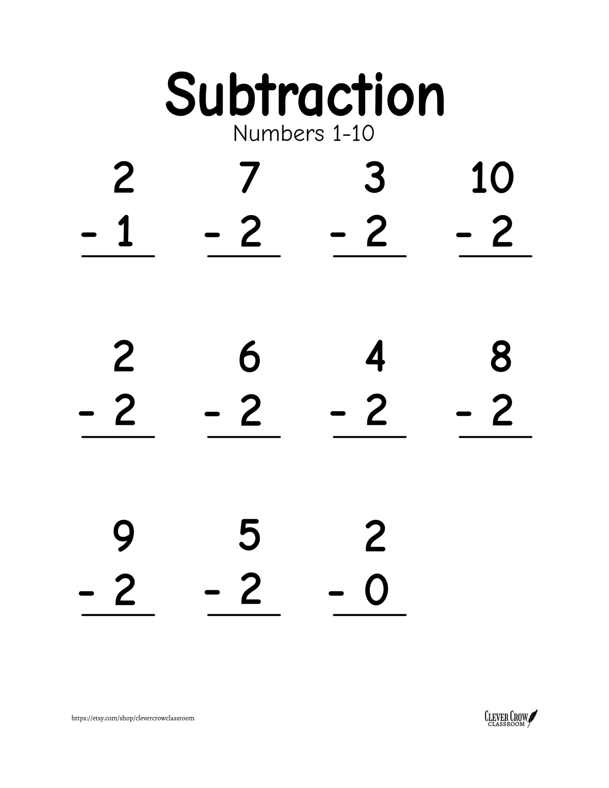 Subtraction Worksheets Numbers 1 10 20 Printable Worksheets Vertical And Horizontal Formats Preschool 1st Grade Math Etsy