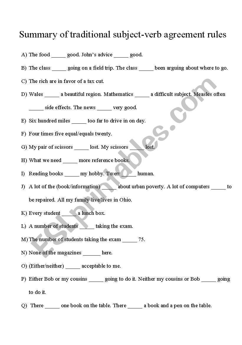 Summary Of Traditional Subject verb Agreement Rules ESL Worksheet By Honzik Summary Of Traditional Subject verb Agreement Rules ESL Worksheet By Honzik