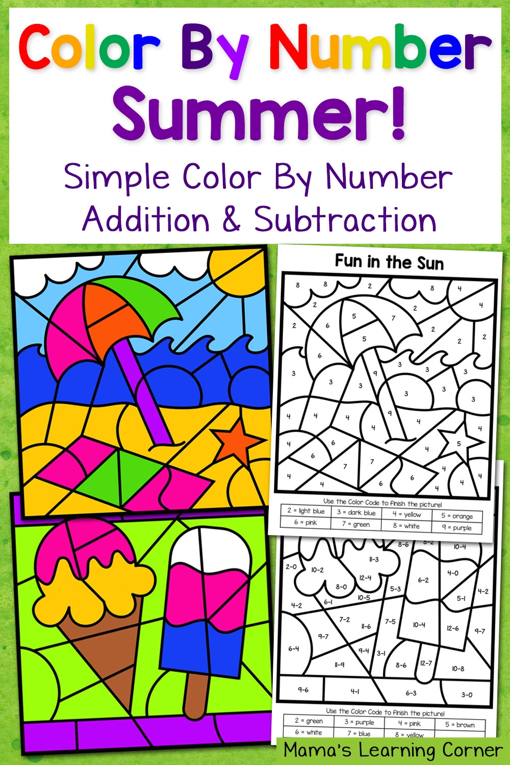 Summer Color By Number Worksheets With Simple Numbers Plus Addition And Subtraction Mamas Learning Corner