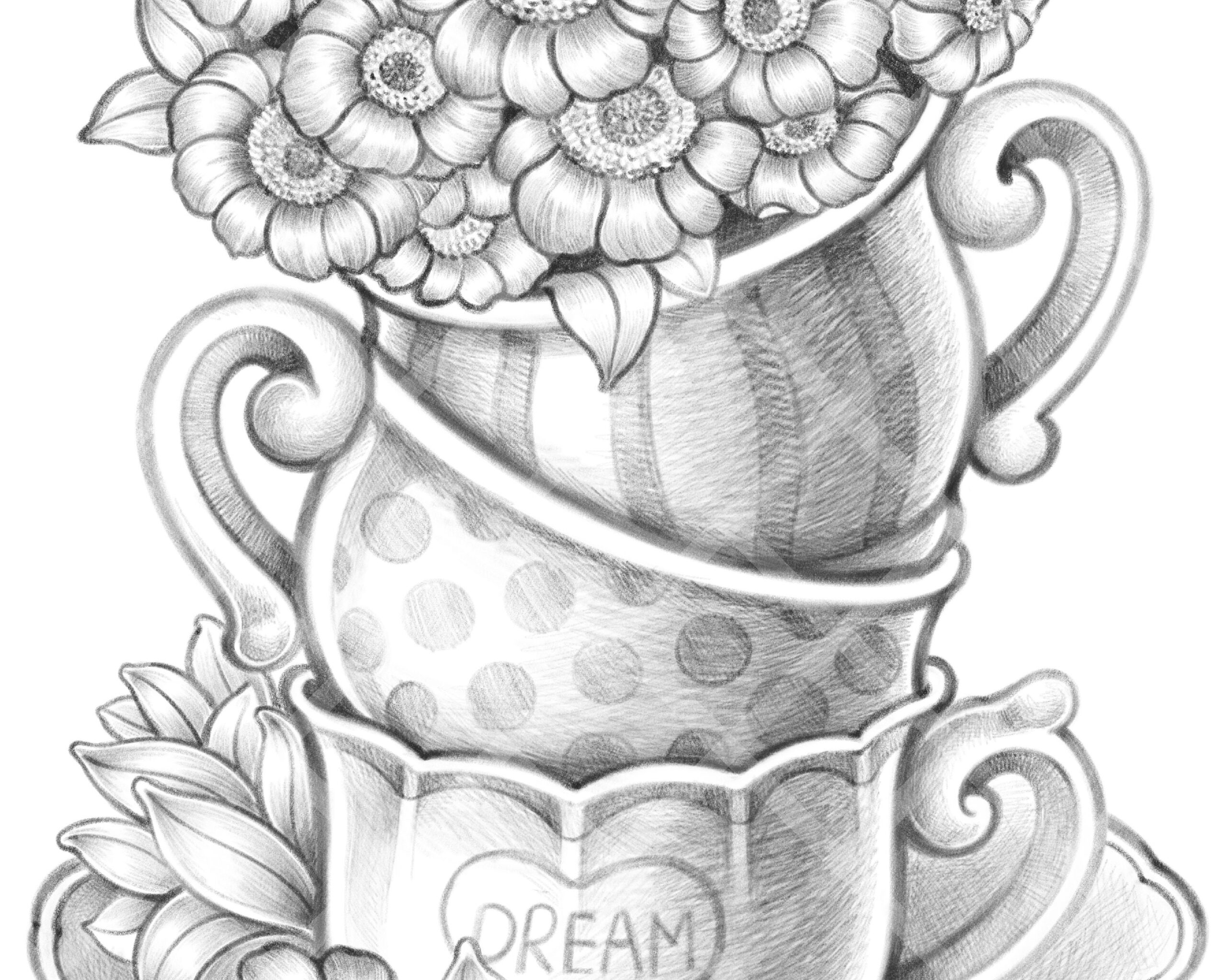 Tea Cup Cute Coloring Page Printable For Adult And Kid Flower Coloring Page For All Ages decoration Vintage PDF JPEG Printable Download Etsy Israel
