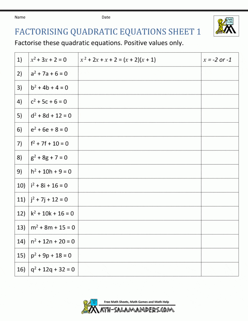 quadratic formula worksheet