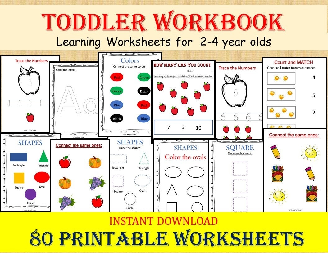TODDLER WORKBOOK 80 Printable Worksheets Kids Activities Preschool Learning Alphabet Tracing Numbers Shapes Colors 2 4 Year Old Etsy