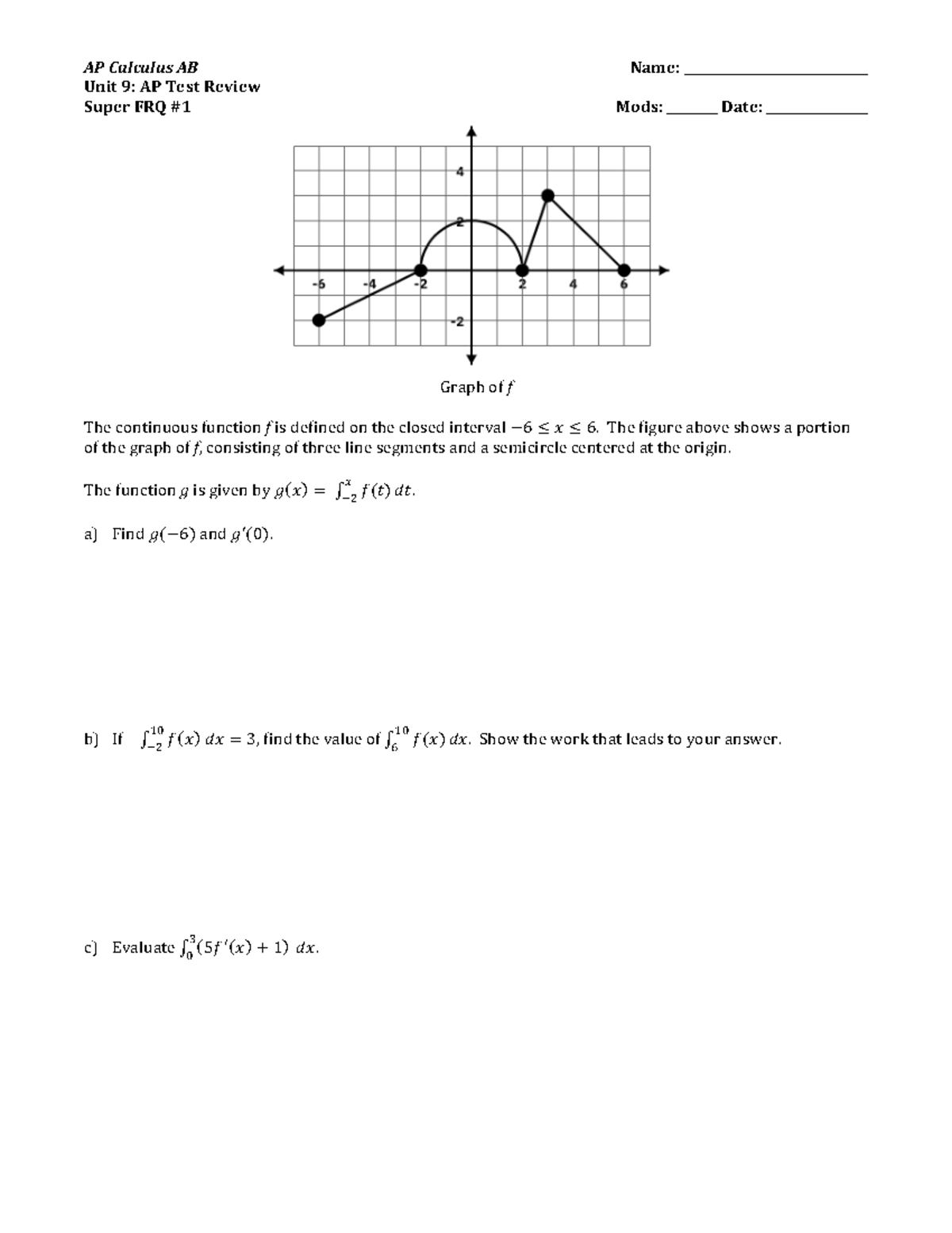 U9 Review Super FRQ 1 Helpful Math Practice For AB AP Calculus AB Name Studocu