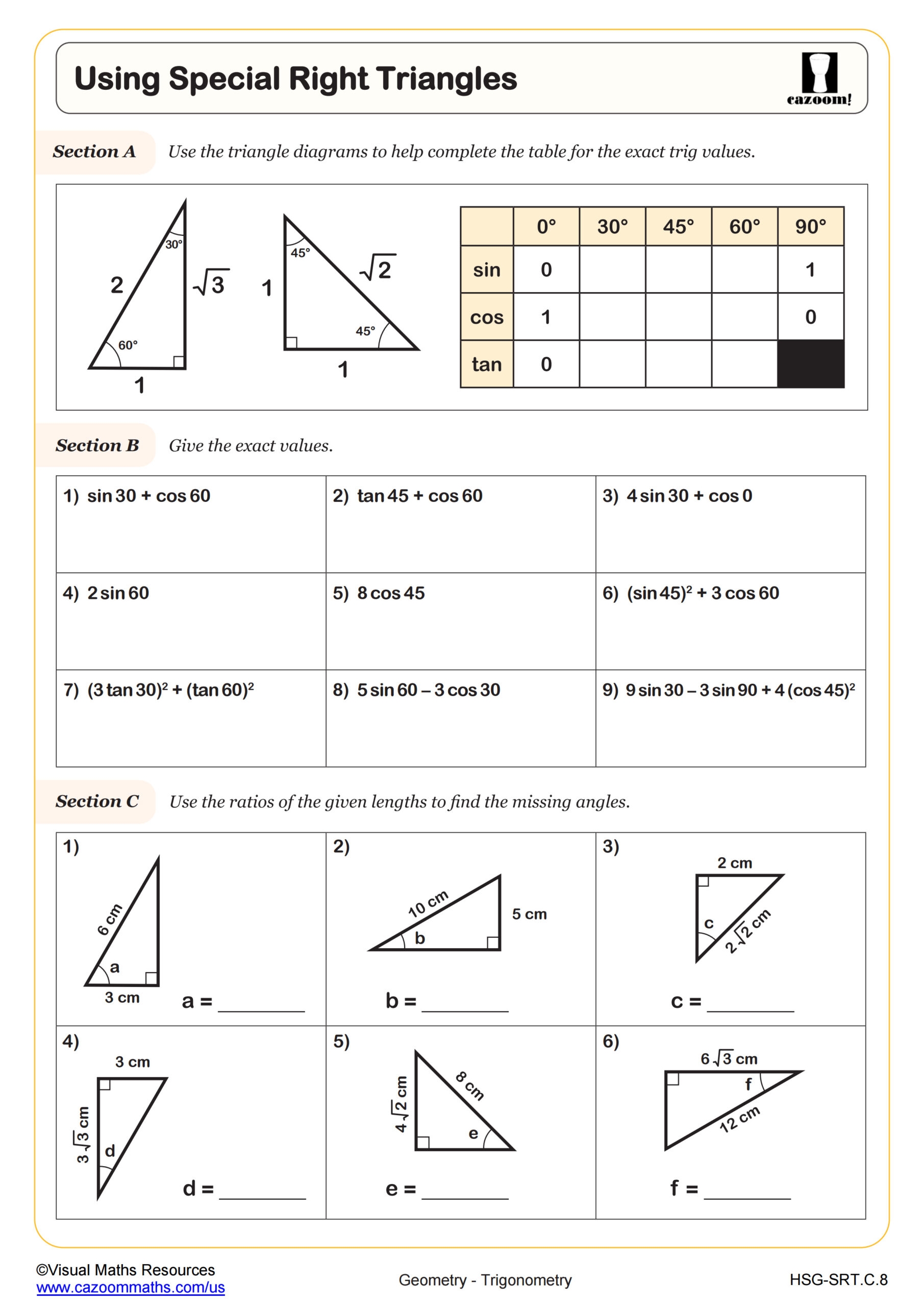 Using Special Right Triangles Worksheet PDF Printable Geometry Worksheet Using Special Right Triangles Worksheet PDF Printable Geometry Worksheet