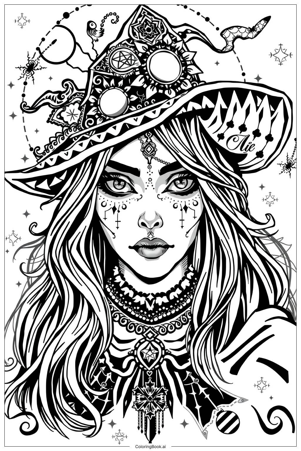 Witch Gothic Face 2 Coloring Page Free PDF PNG Printable 