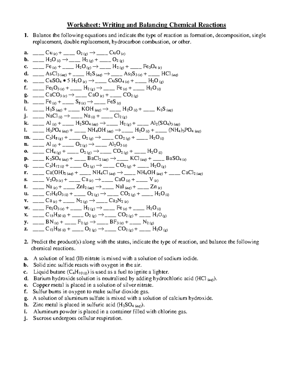 Worksheet Balancing Chemical Equations With Type Of Reaction Worksheet Writing And Balancing Studocu Worksheet Balancing Chemical Equations With Type Of Reaction Worksheet Writing And Balancing Studocu