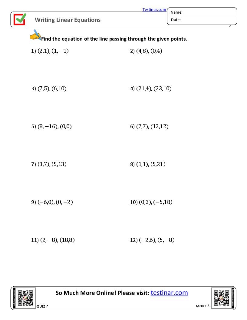 Writing Linear Equations Worksheets